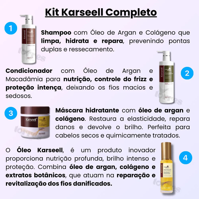 Kit Completo Karsell: Shampoo, Condicionado, Máscara e Óleo